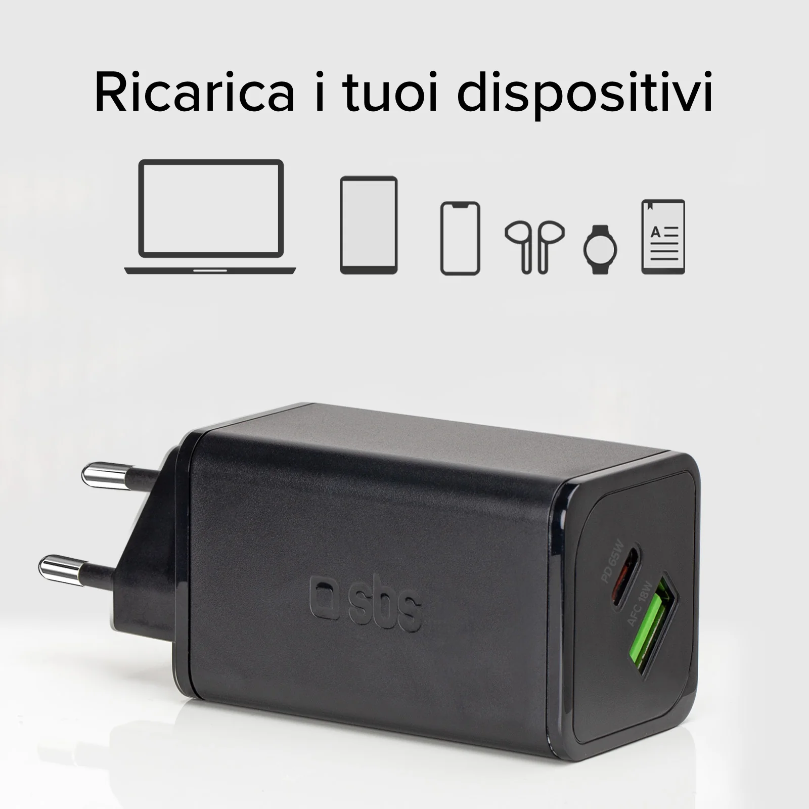 Caricabatterie da parete GaN 65 Watt, 1 USB-C PD, 1 USB-A Adaptive Fast Charge - Image 3