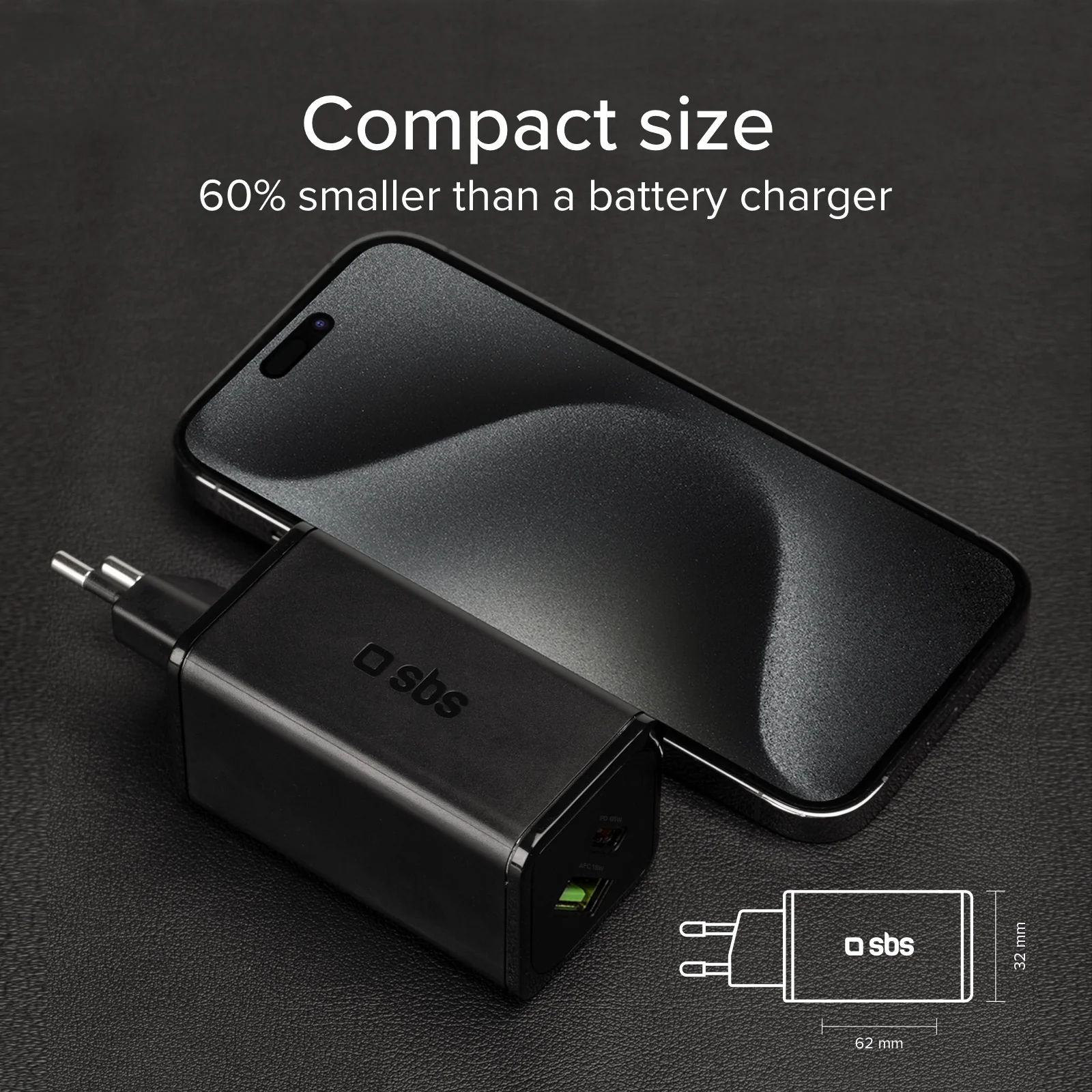 Caricabatterie da parete GaN 65 Watt, 1 USB-C PD, 1 USB-A Adaptive Fast Charge - Image 6